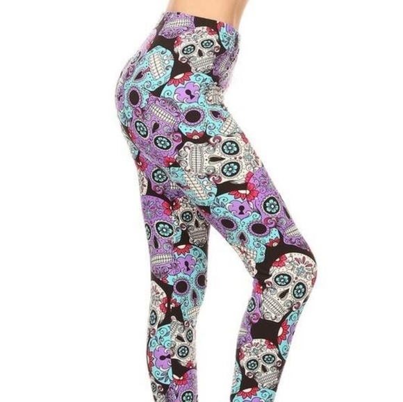 LEGGINGS DEPOT Purple & Pink Sugar Skull Full Length Leggings Size 12-20 NWT - Picture 2 of 7